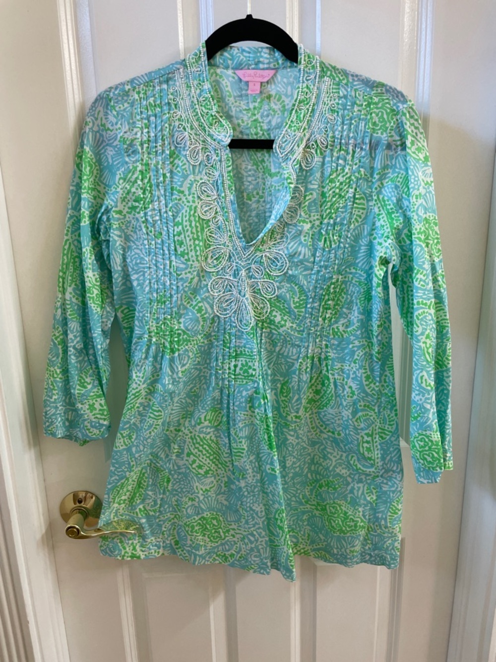 Lilly Pulitzer Aqua & Green Embroidered V-Neck Tunic